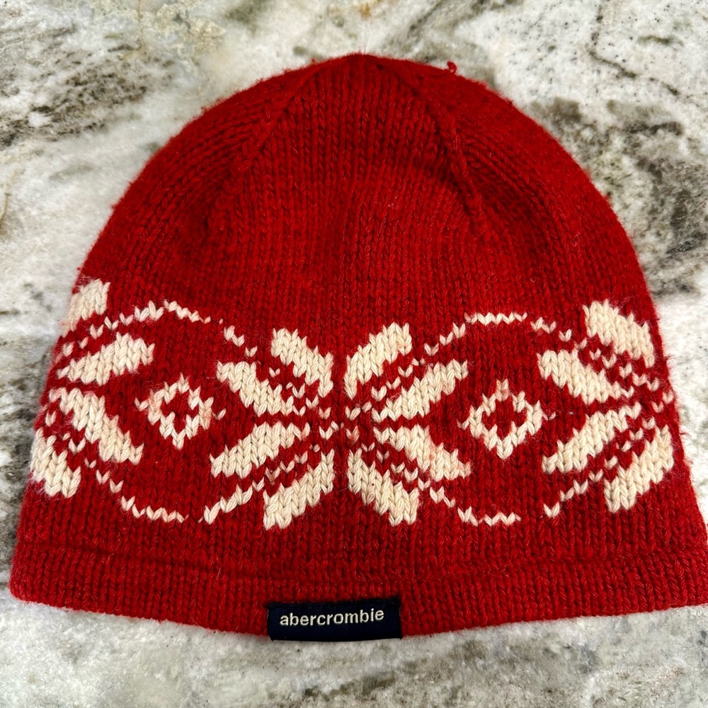 Abercrombie & Fitch red wool fleece VTG Y2K Beanie hat snowflake unisex